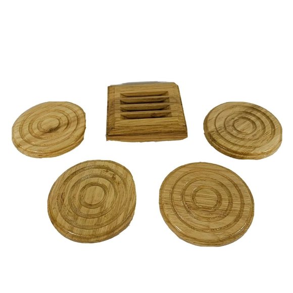 Vintage Kamenstein Wood Swirl Drink Coaster Set 4 Pc Stand Up Caddy Holder - Picture 6 of 10